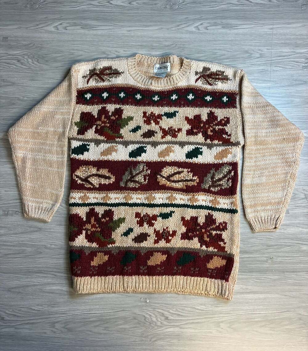 Cabin Fever Autumn Leaf Pattern Sweater Size Medium Beige Knit Pullover Top